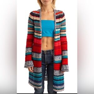 Lucky brand long striped crochet cardigan cotton nylon blend